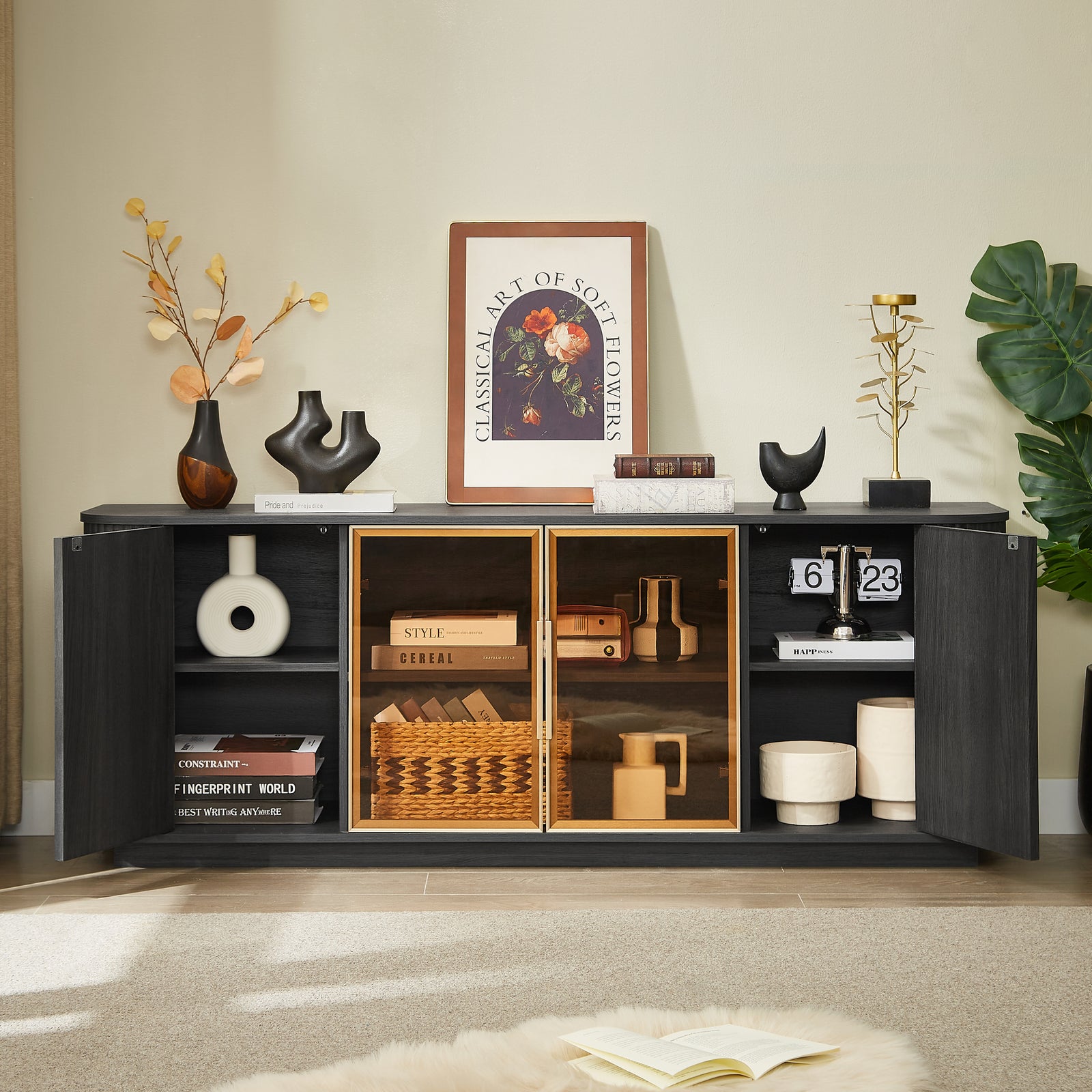 Nøordka Light TV Stand Default 64" Wavy Wooden TV Cabinet & Entertainment Center with Glass Doors