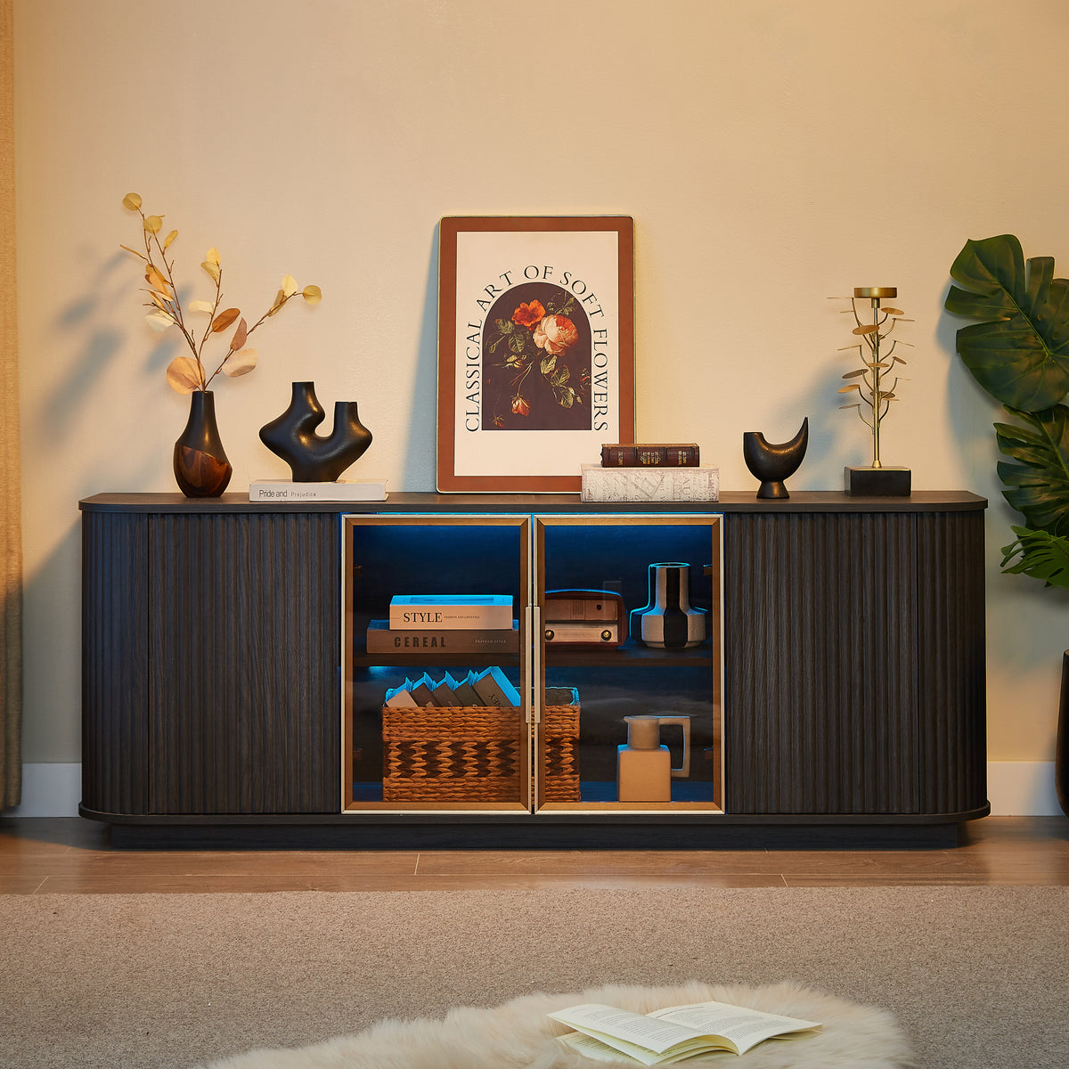 Nøordka Light TV Stand Default 64" Wavy Wooden TV Cabinet &amp; Entertainment Center with Glass Doors