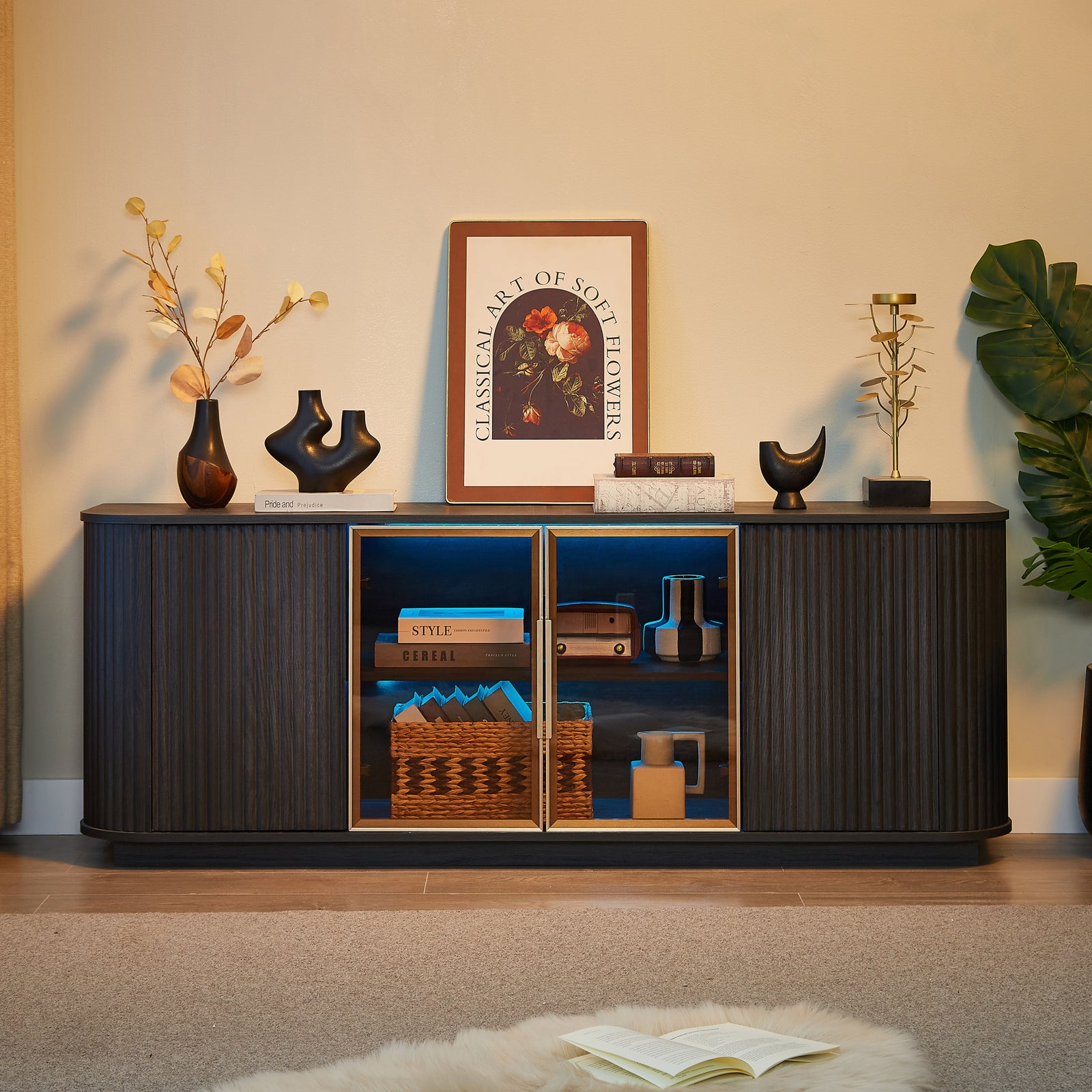 Nøordka Light TV Stand Default 64" Wavy Wooden TV Cabinet & Entertainment Center with Glass Doors