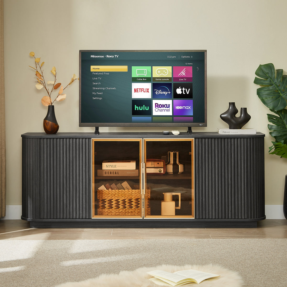 Nøordka Light TV Stand Default 64" Wavy Wooden TV Cabinet &amp; Entertainment Center with Glass Doors