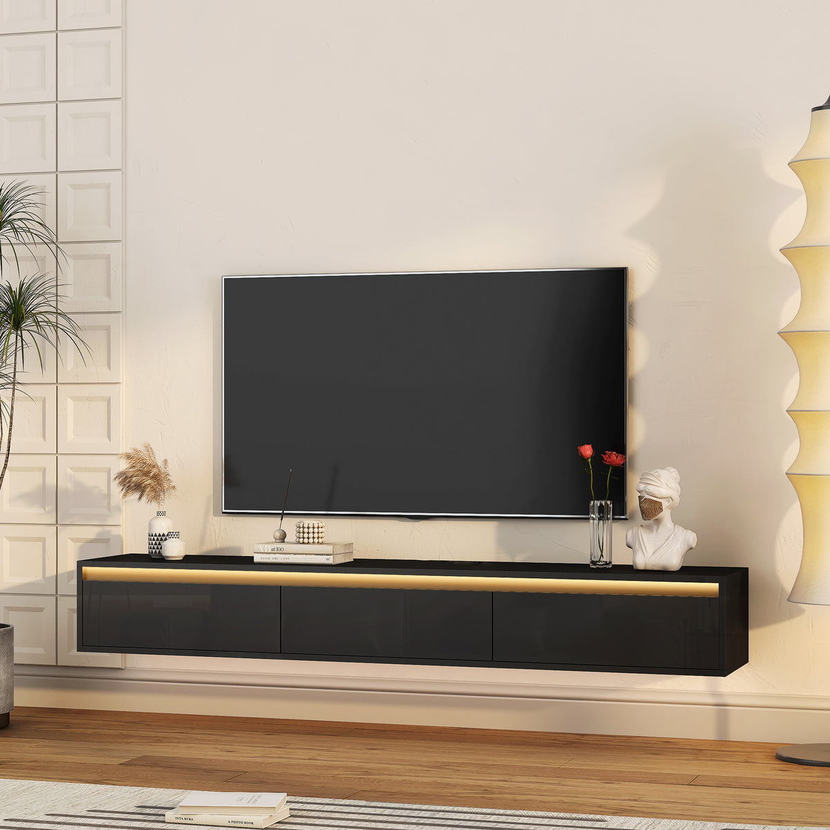 Nøordka Light TV Stand Default 65" Gloss Black Wall Mounted Floating TV Stand Shelf with LED Lighting