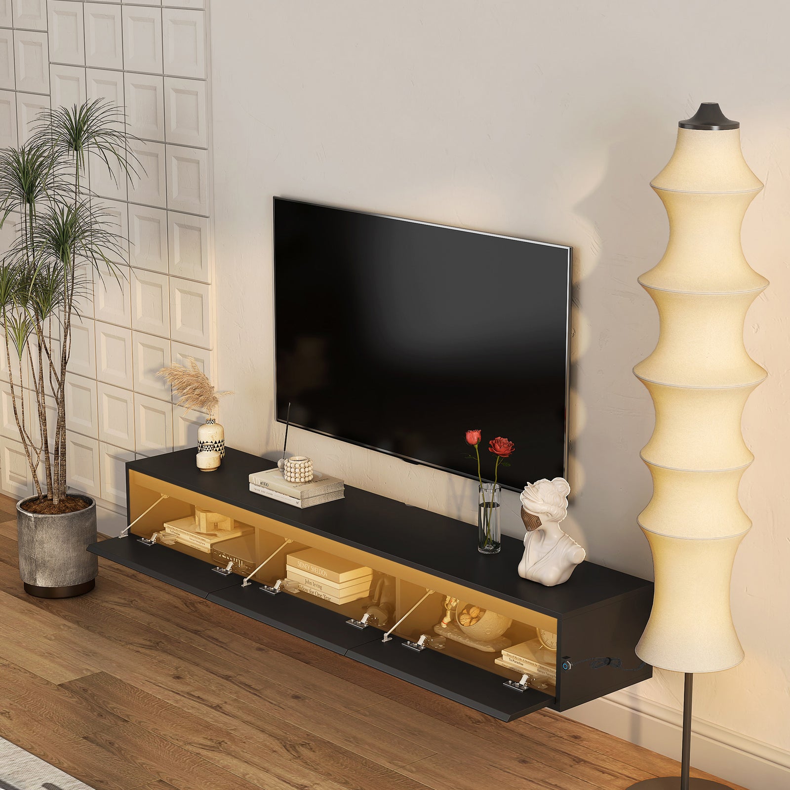 Nøordka Light TV Stand Default 65" Gloss Black Wall Mounted Floating TV Stand Shelf with LED Lighting