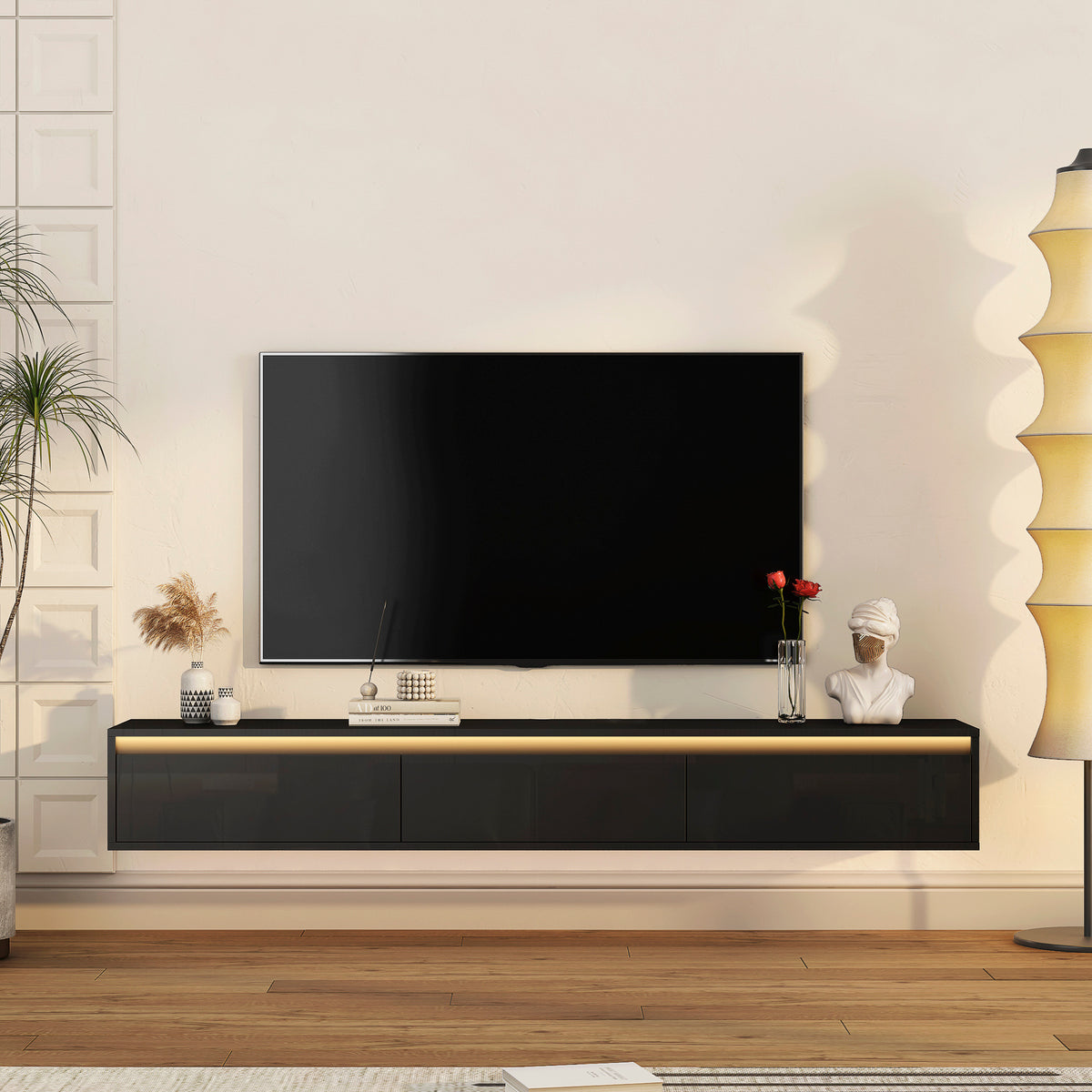 Nøordka Light TV Stand Default 65" Gloss Black Wall Mounted Floating TV Stand Shelf with LED Lighting