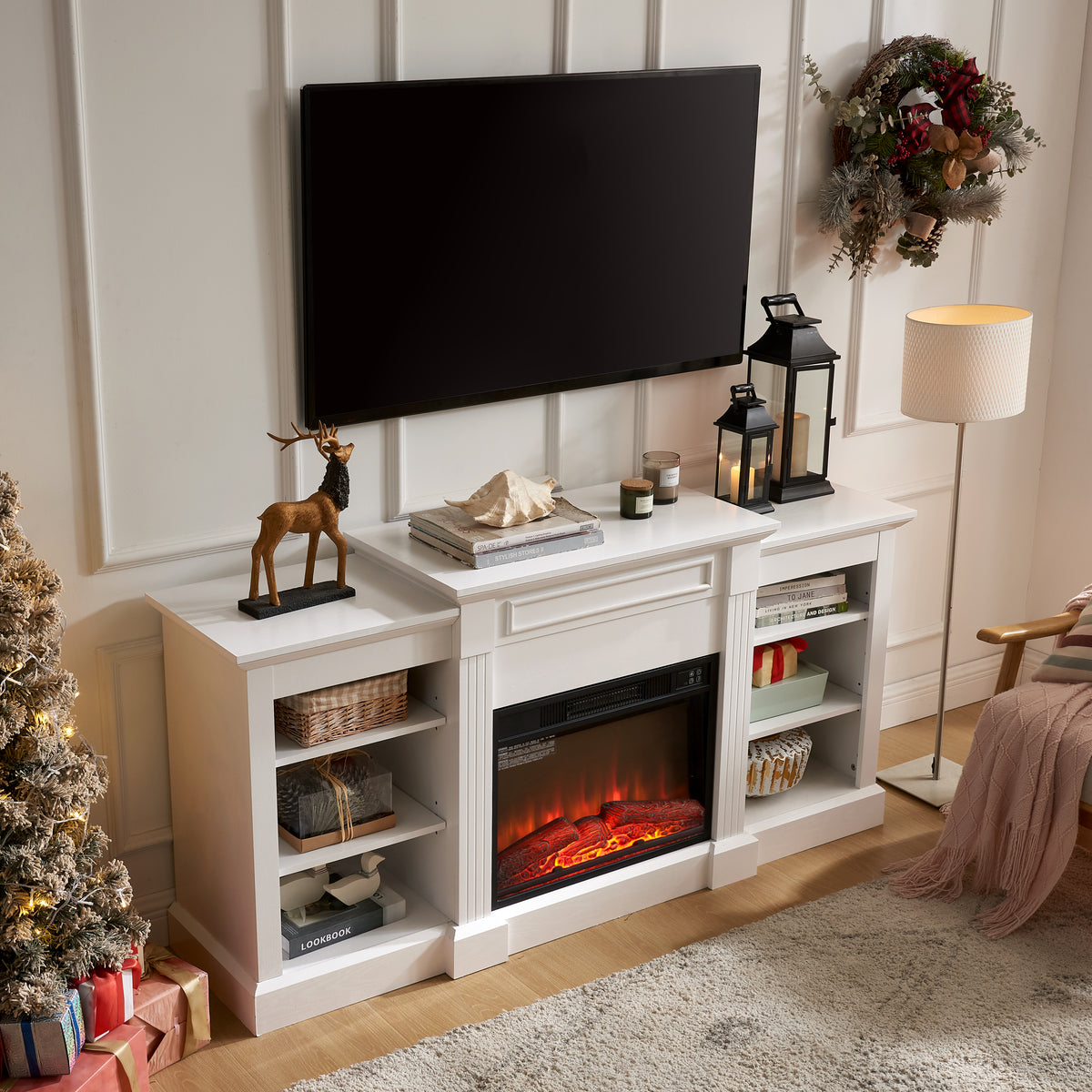 Nøordka Light TV Stand Default 65" White Media Console Table &amp; 23 Inch Fireplace Insert for TV Up to 70 Inches