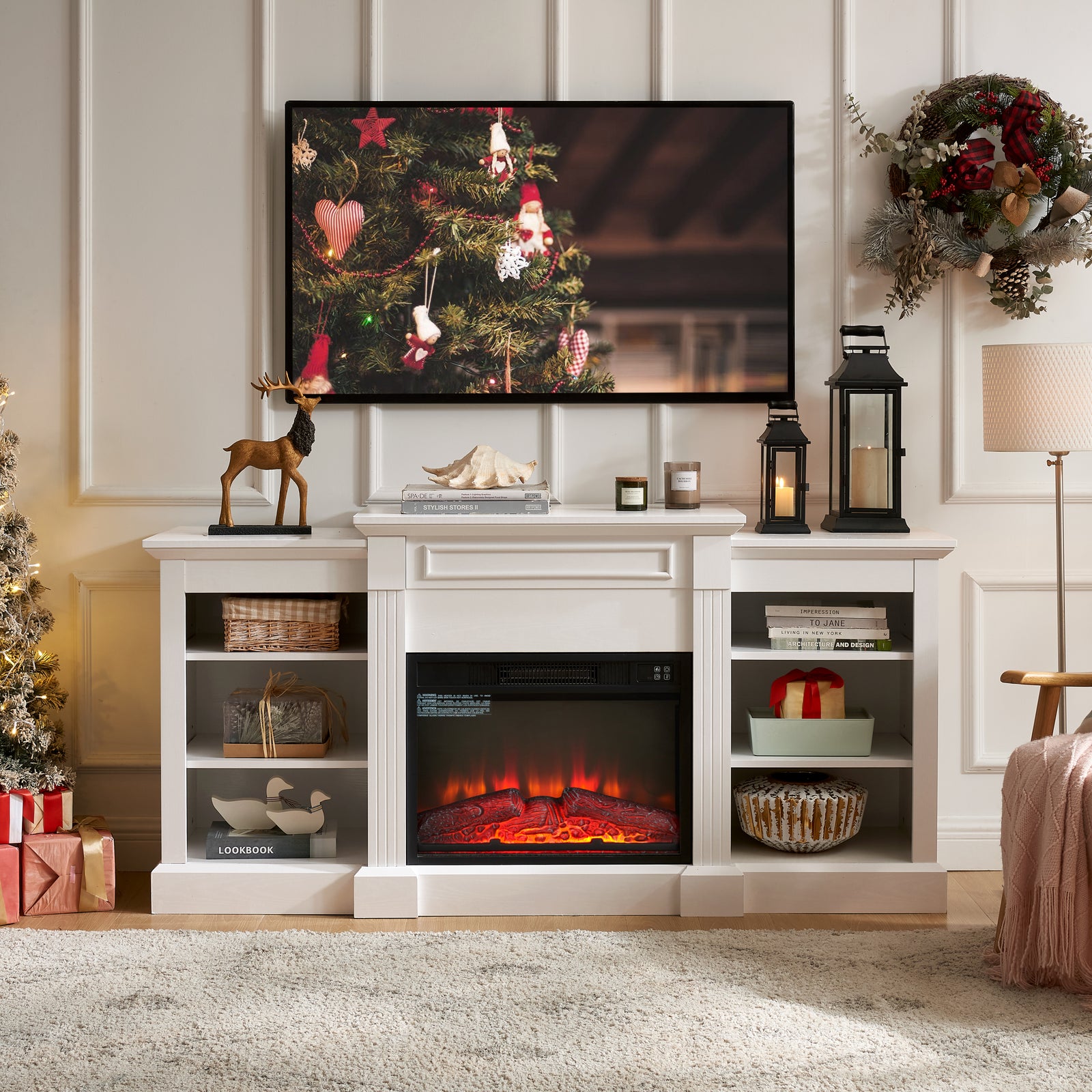 Nøordka Light TV Stand Default 65" White Media Console Table & 23 Inch Fireplace Insert for TV Up to 70 Inches