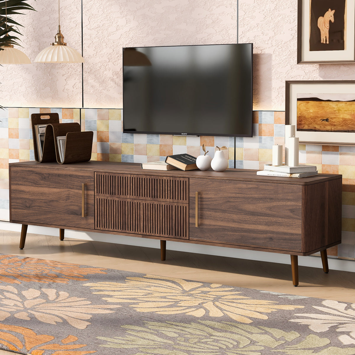 Nøordka Light TV Stand Default 70" Solid Wood Walnut Mid Century Modern TV Stand for TVs up to 80"