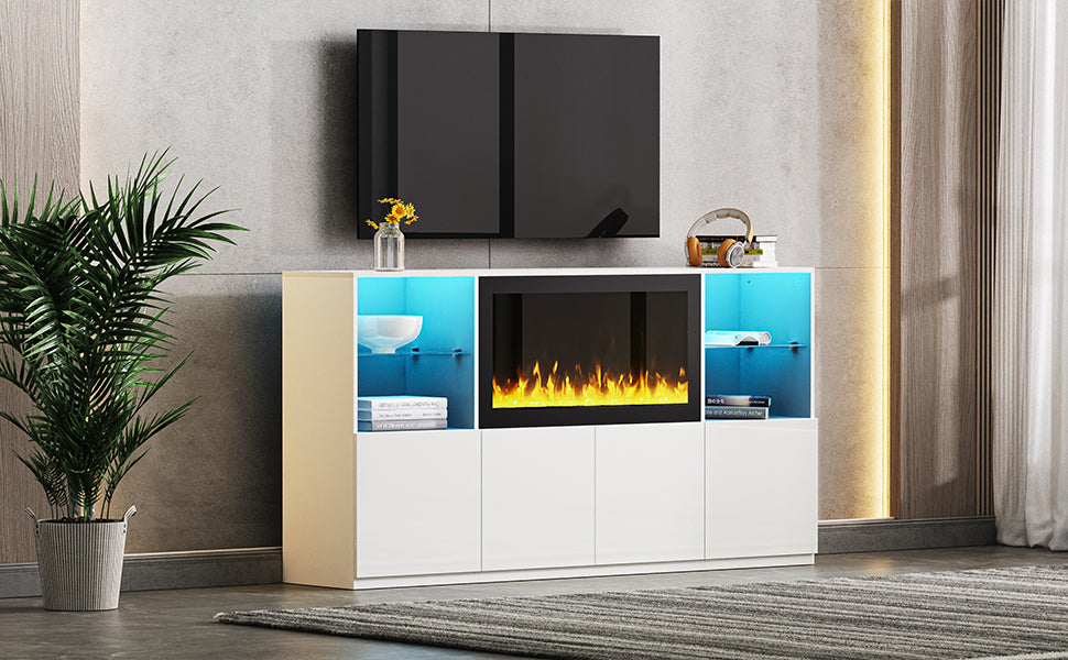 Nøordka Light TV Stand Default 70" White High Gloss TV Stand with 35" Electric Fireplace with LED Lighting