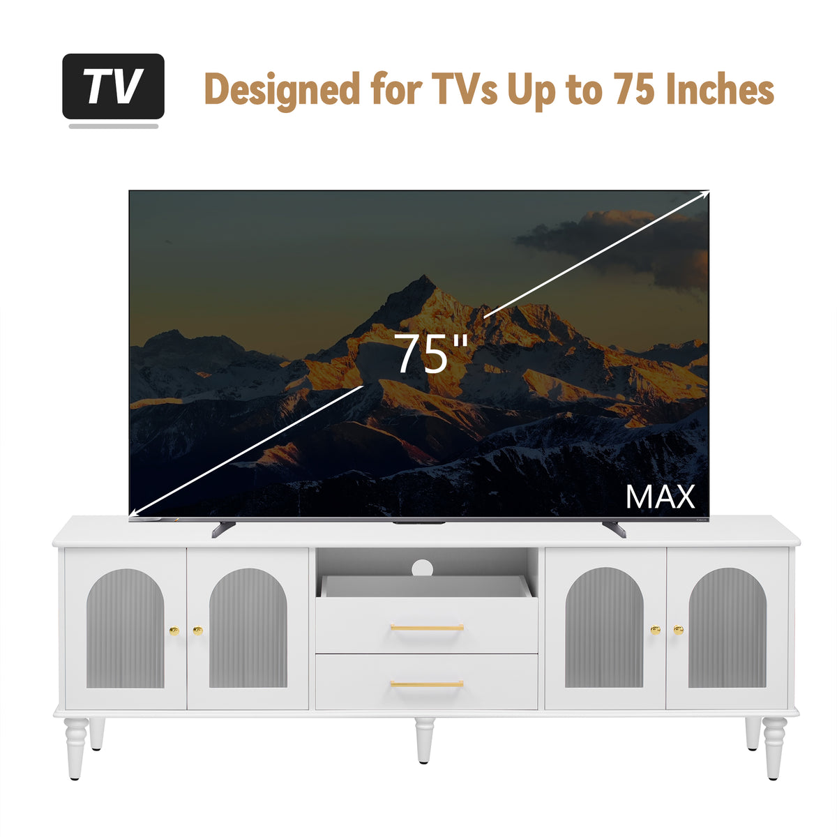 Nøordka Light TV Stand Default 70" White Retro TV Stand for TVs Up to 75" with Fluted Glass Doors &amp; Solid Wood Legs