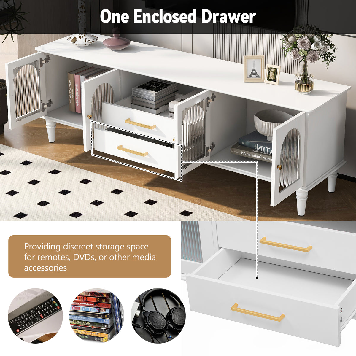 Nøordka Light TV Stand Default 70" White Retro TV Stand for TVs Up to 75" with Fluted Glass Doors &amp; Solid Wood Legs