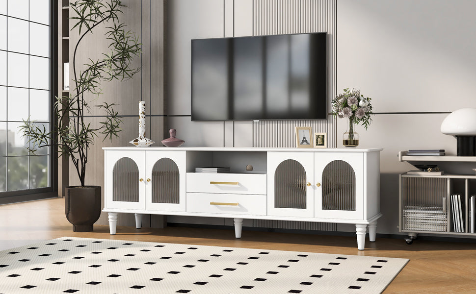 Nøordka Light TV Stand Default 70" White Retro TV Stand for TVs Up to 75" with Fluted Glass Doors &amp; Solid Wood Legs