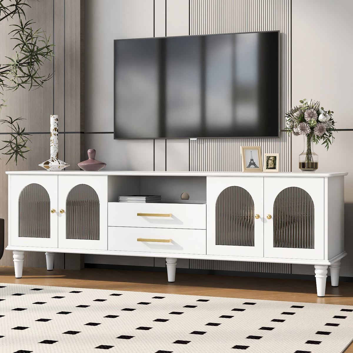 Nøordka Light TV Stand Default 70" White Retro TV Stand for TVs Up to 75" with Fluted Glass Doors &amp; Solid Wood Legs