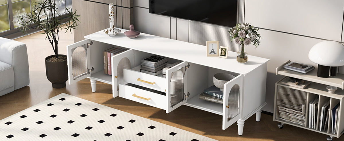 Nøordka Light TV Stand Default 70" White Retro TV Stand for TVs Up to 75" with Fluted Glass Doors &amp; Solid Wood Legs