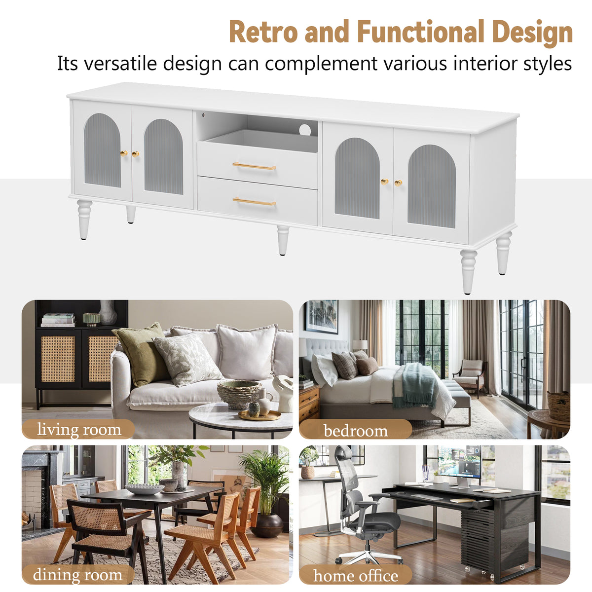Nøordka Light TV Stand Default 70" White Retro TV Stand for TVs Up to 75" with Fluted Glass Doors &amp; Solid Wood Legs