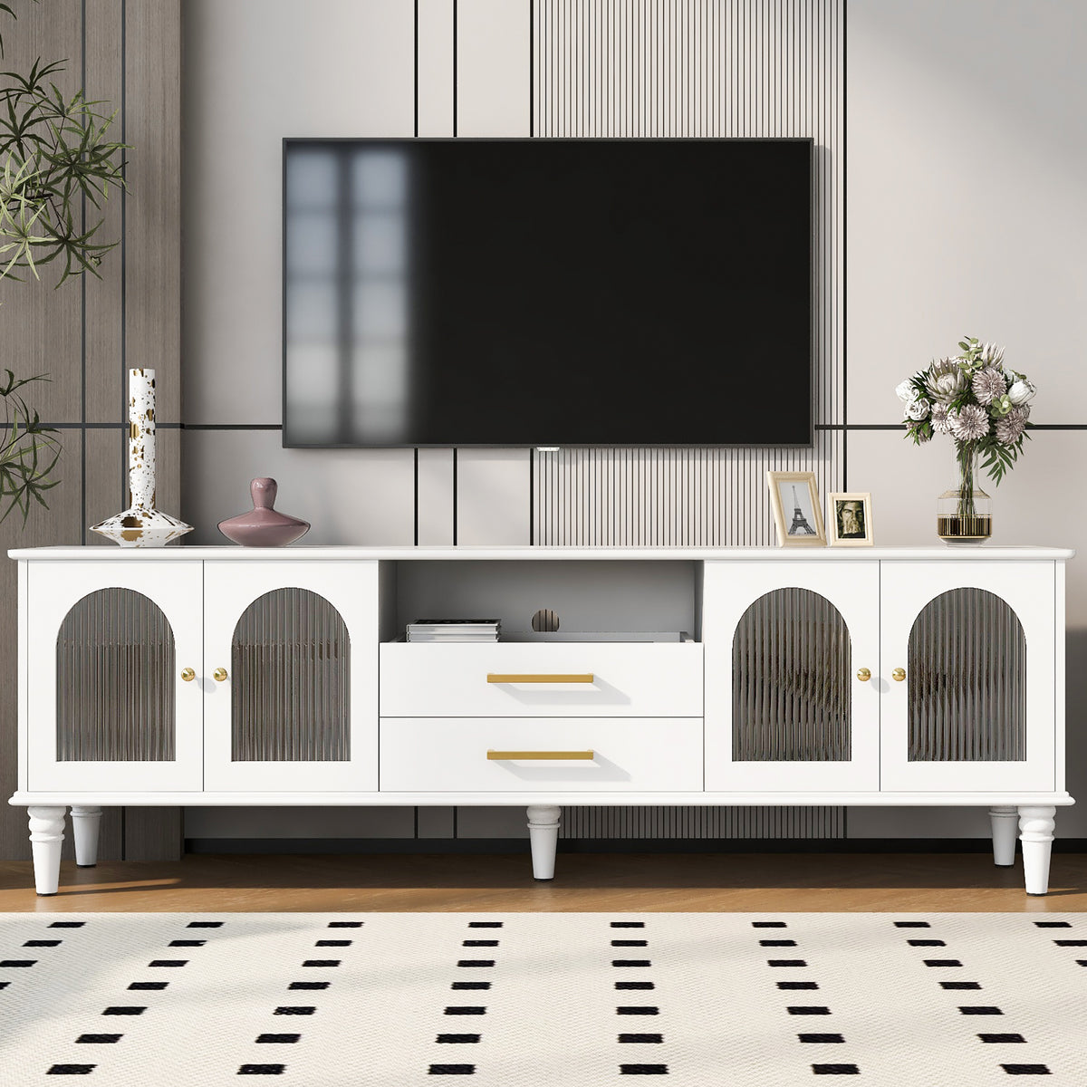 Nøordka Light TV Stand Default 70" White Retro TV Stand for TVs Up to 75" with Fluted Glass Doors &amp; Solid Wood Legs