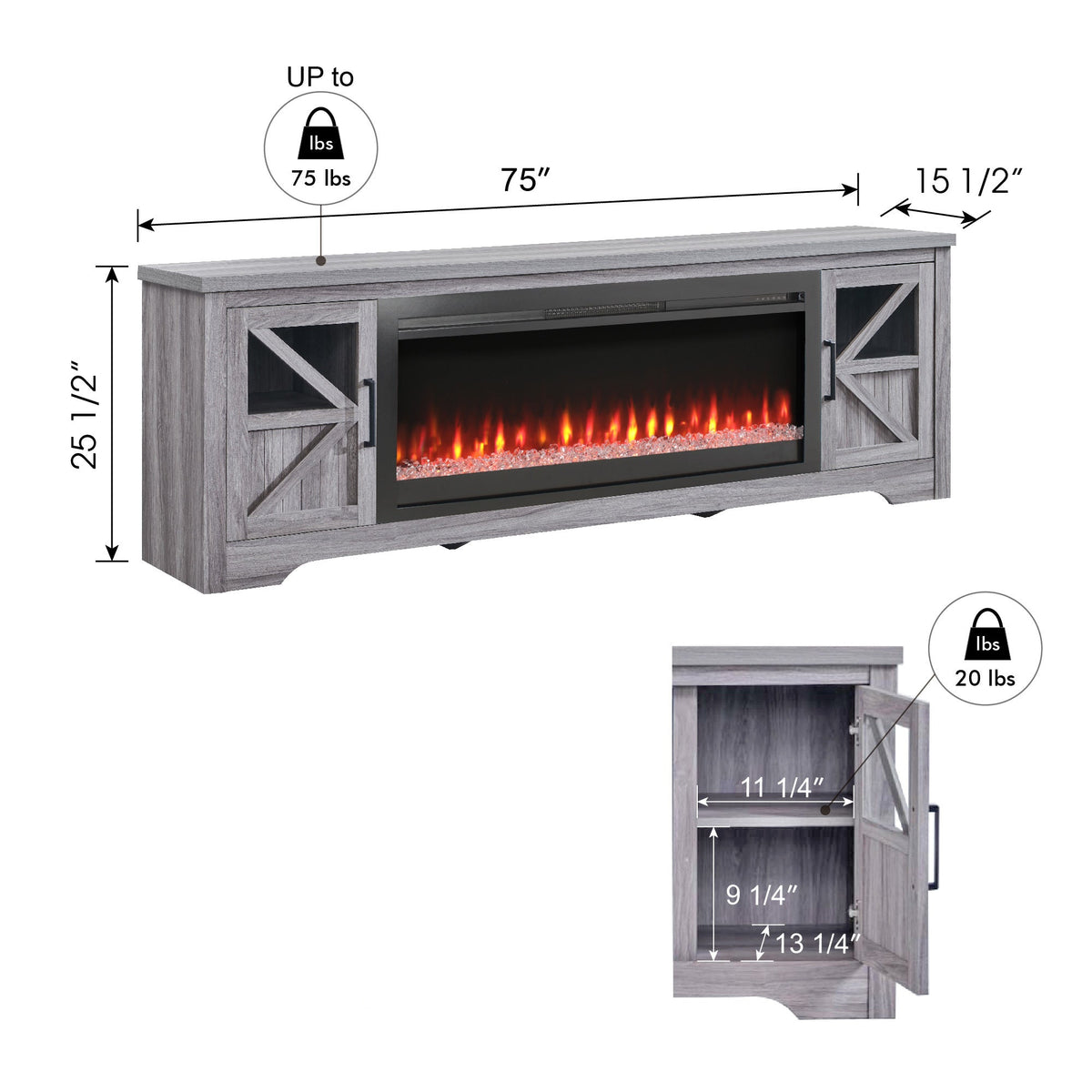 Nøordka Light TV Stand Default 75" Gray Fireplace TV Stand for TVs Up to 80" with 44" Integrated Electric Fireplace