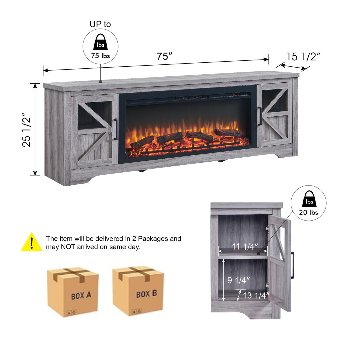 Nøordka Light TV Stand Default 75" Gray Fireplace TV Stand for TVs Up to 80" with 44" Intergrated Electric Fireplace