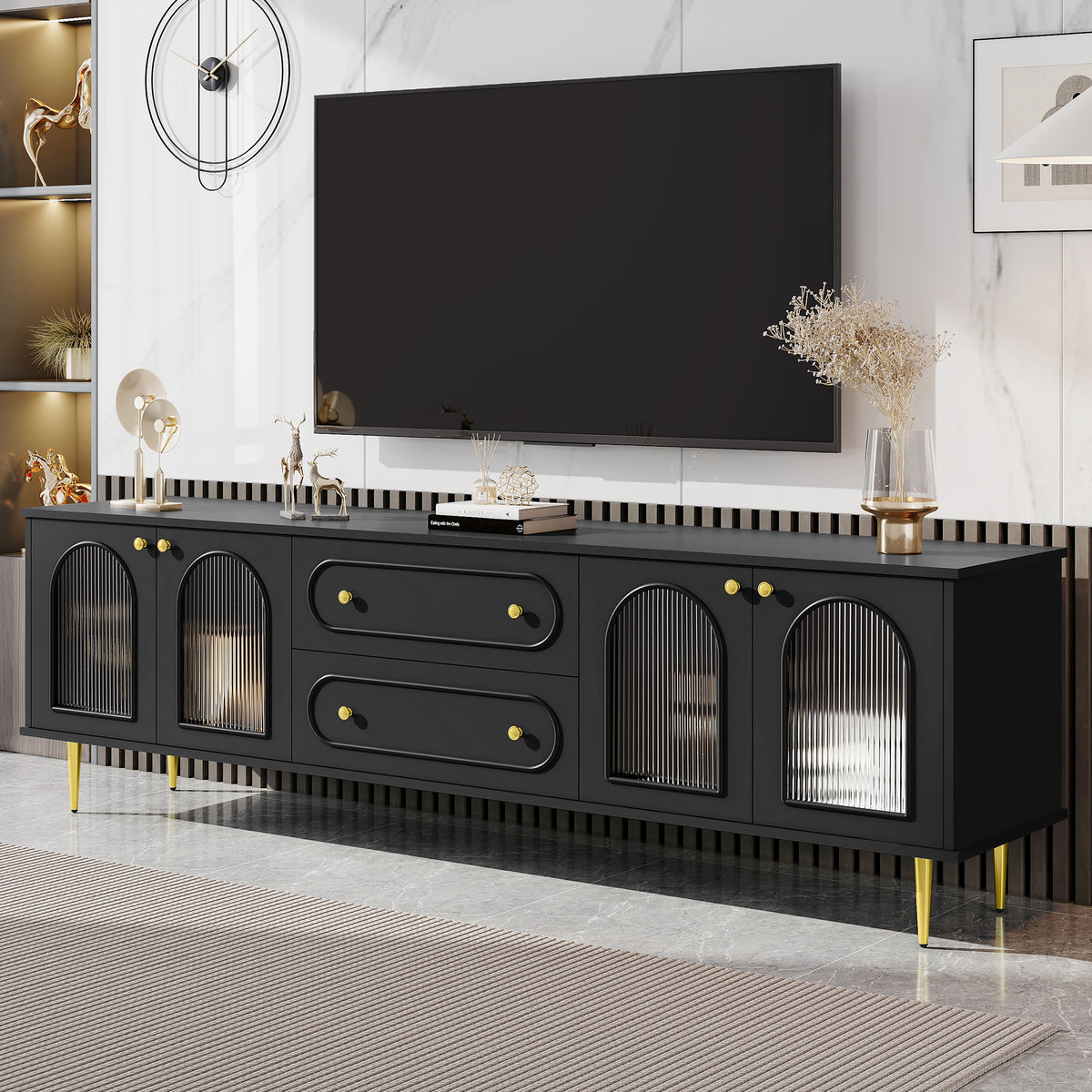 Nøordka Light TV Stand Default 80" Black Mid Century Modern TV Stand with Fluted Glass &amp; Metal Accents for TVs up to 80"