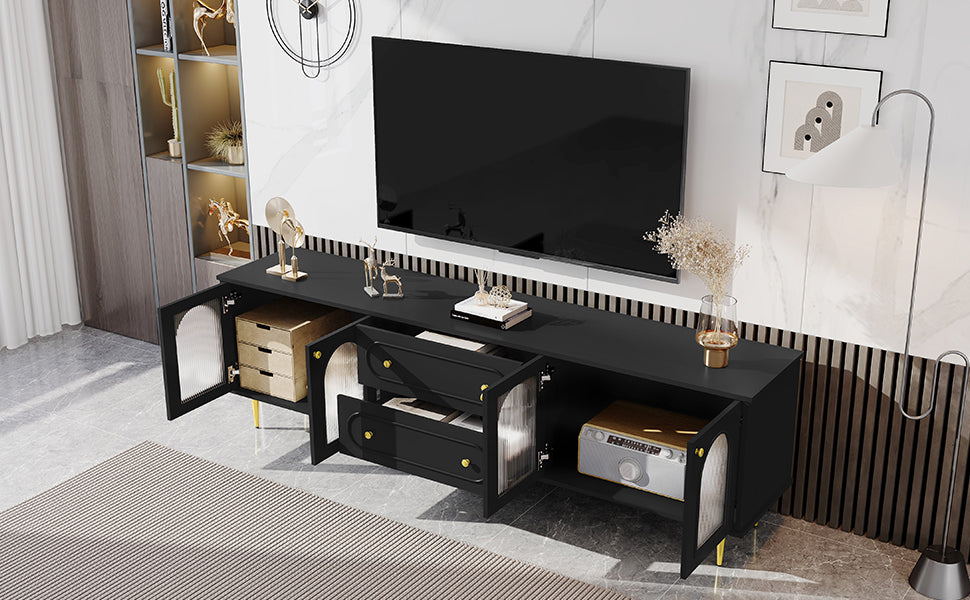 Nøordka Light TV Stand Default 80" Black Mid Century Modern TV Stand with Fluted Glass &amp; Metal Accents for TVs up to 80"
