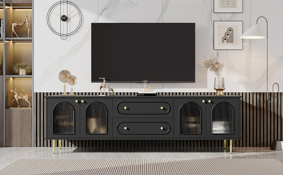Nøordka Light TV Stand Default 80" Black Mid Century Modern TV Stand with Fluted Glass &amp; Metal Accents for TVs up to 80"