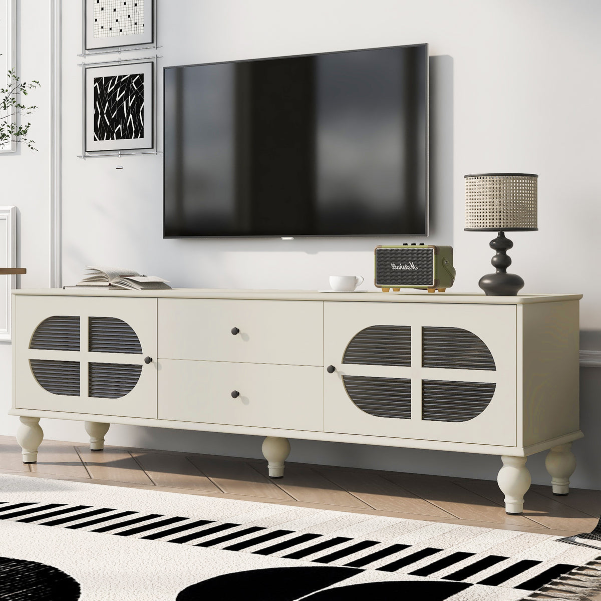 Nøordka Light TV Stand Default Antique White Mid Century Modern TV Stand for TVs Up to 75" with Fluted Glass Doors
