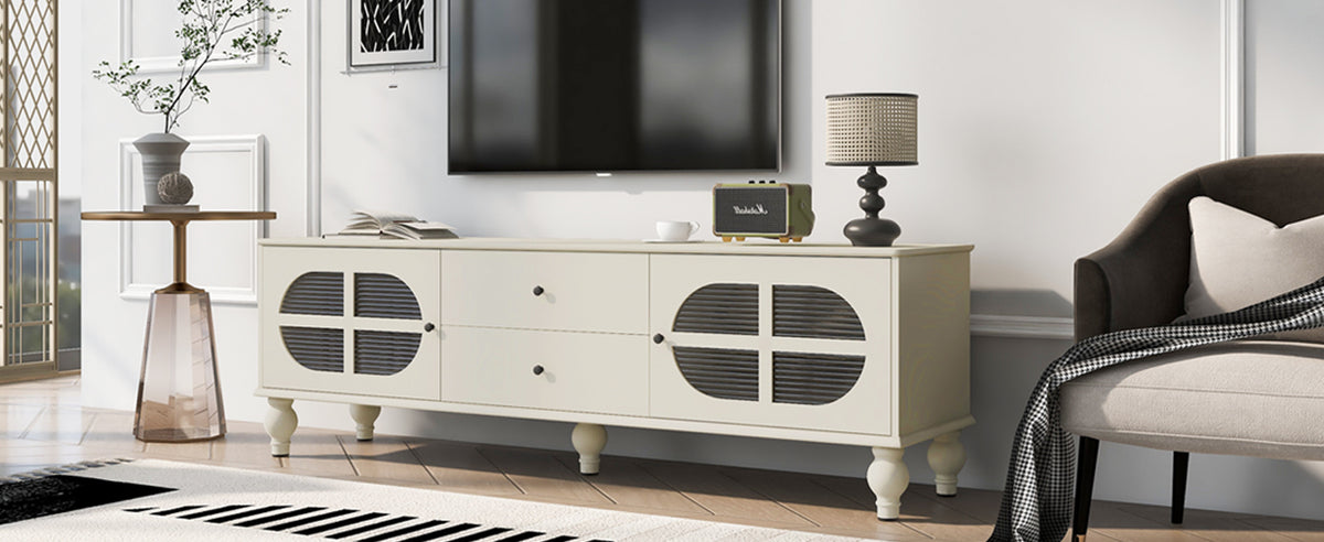 Nøordka Light TV Stand Default Antique White Mid Century Modern TV Stand for TVs Up to 75" with Fluted Glass Doors