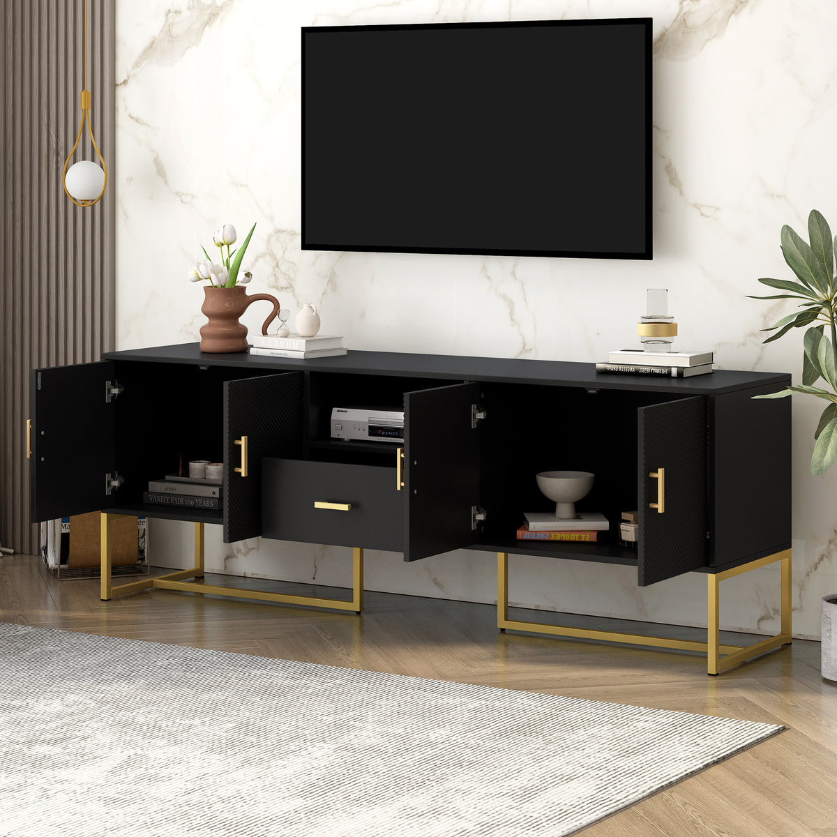 Nøordka Light TV Stand Default Black Mid Century Modern TV Stand &amp; Entertainment Center for TVs Up to 70" with Gold Accents