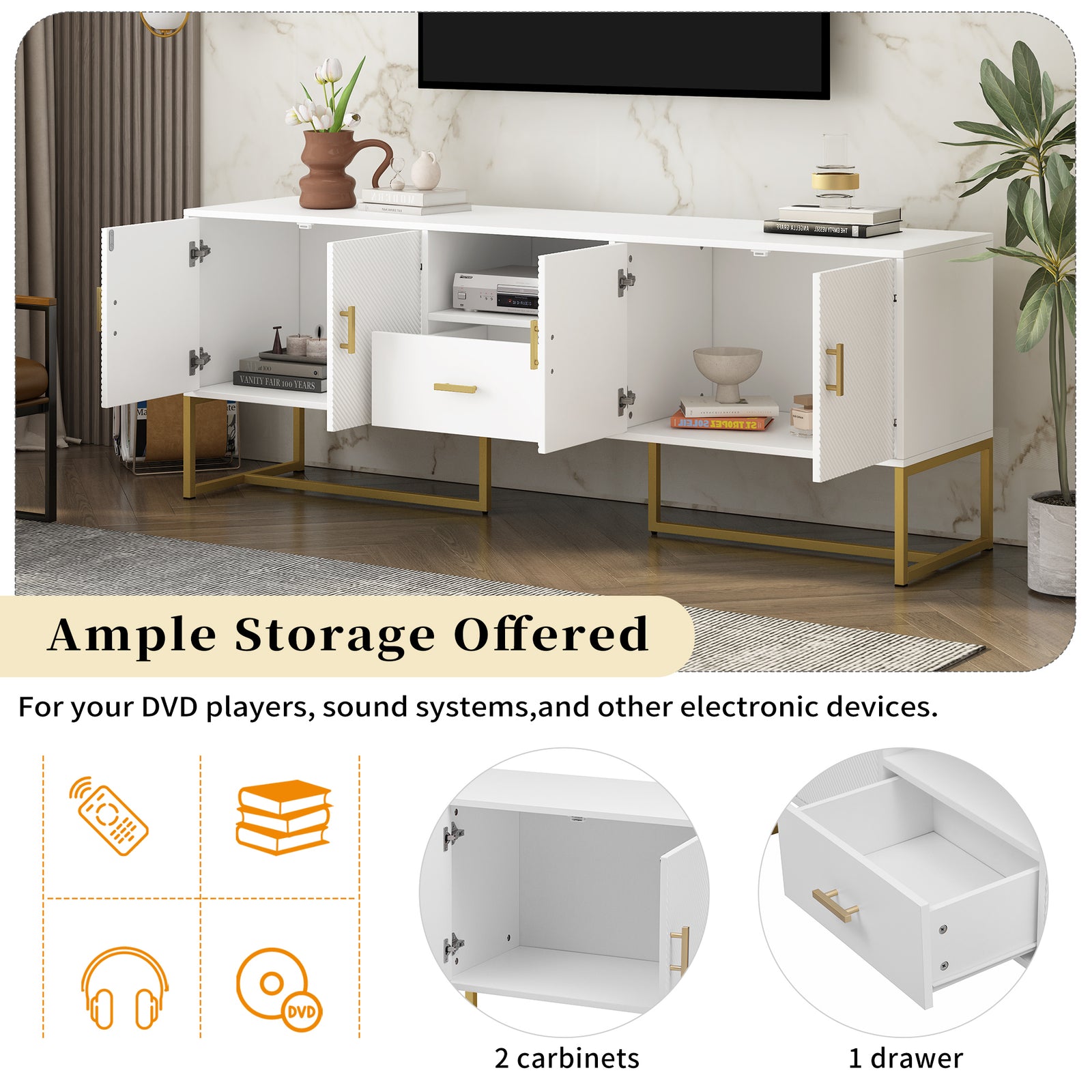 Nøordka Light TV Stand Default White Mid Century Modern TV Stand for TVs Up to 70" with Metal Base