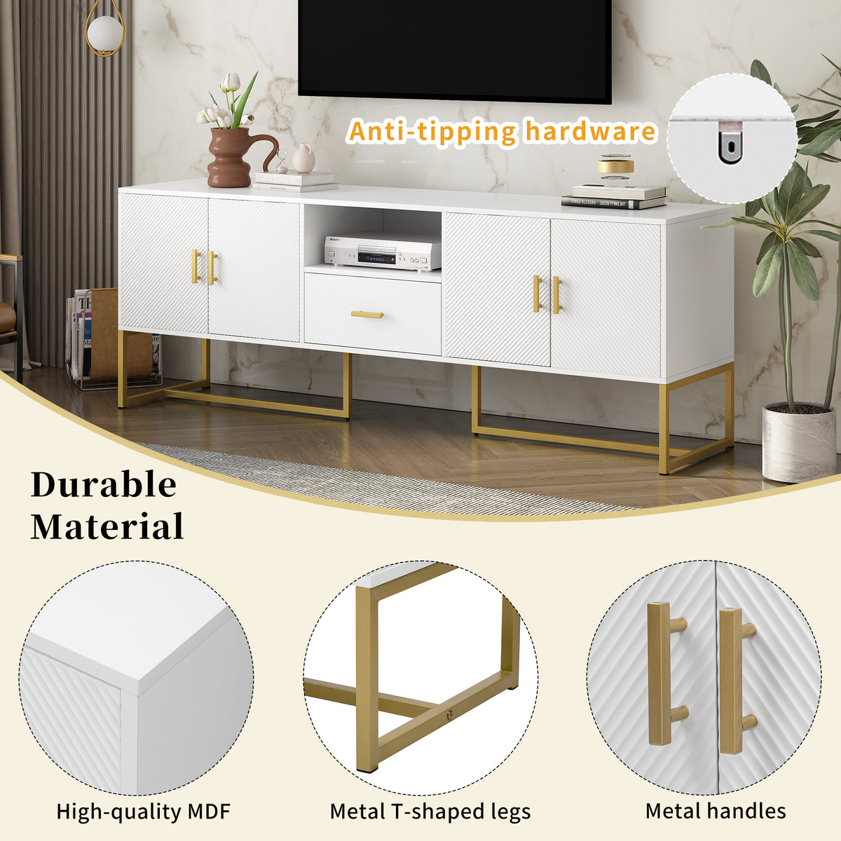 Nøordka Light TV Stand Default White Mid Century Modern TV Stand for TVs Up to 70" with Metal Base