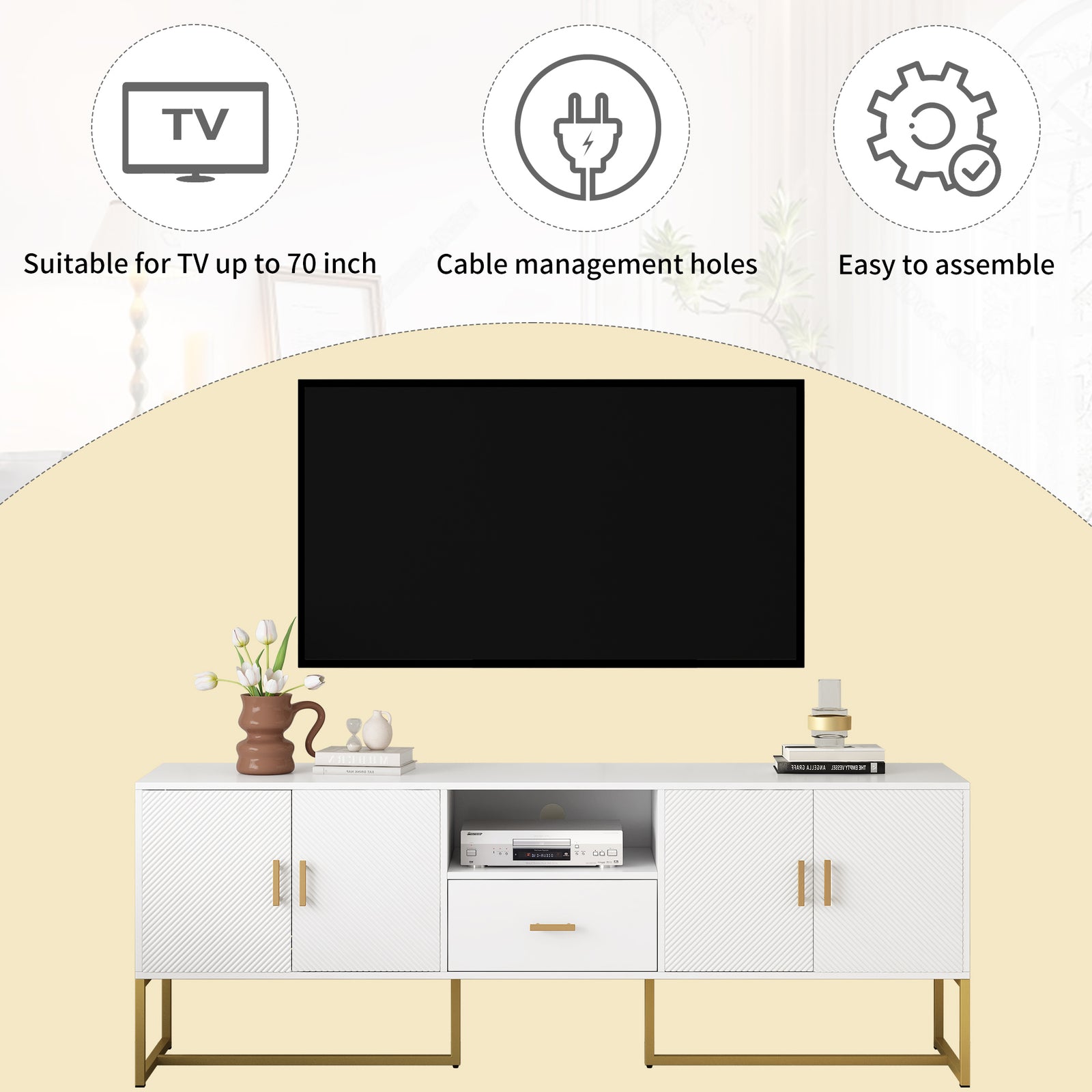 Nøordka Light TV Stand Default White Mid Century Modern TV Stand for TVs Up to 70" with Metal Base