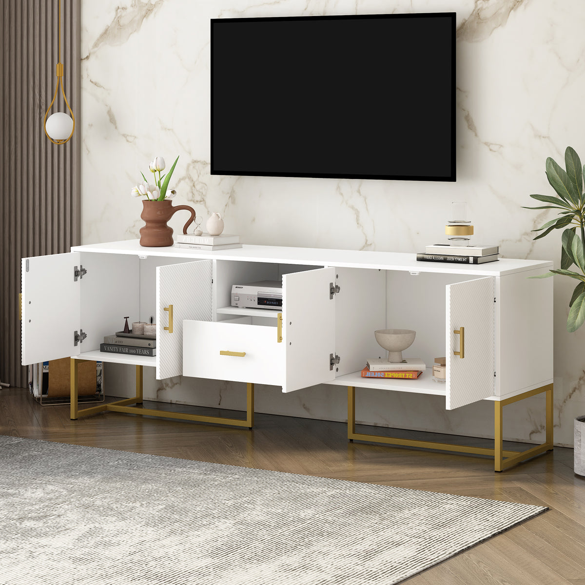 Nøordka Light TV Stand Default White Mid Century Modern TV Stand for TVs Up to 70" with Metal Base