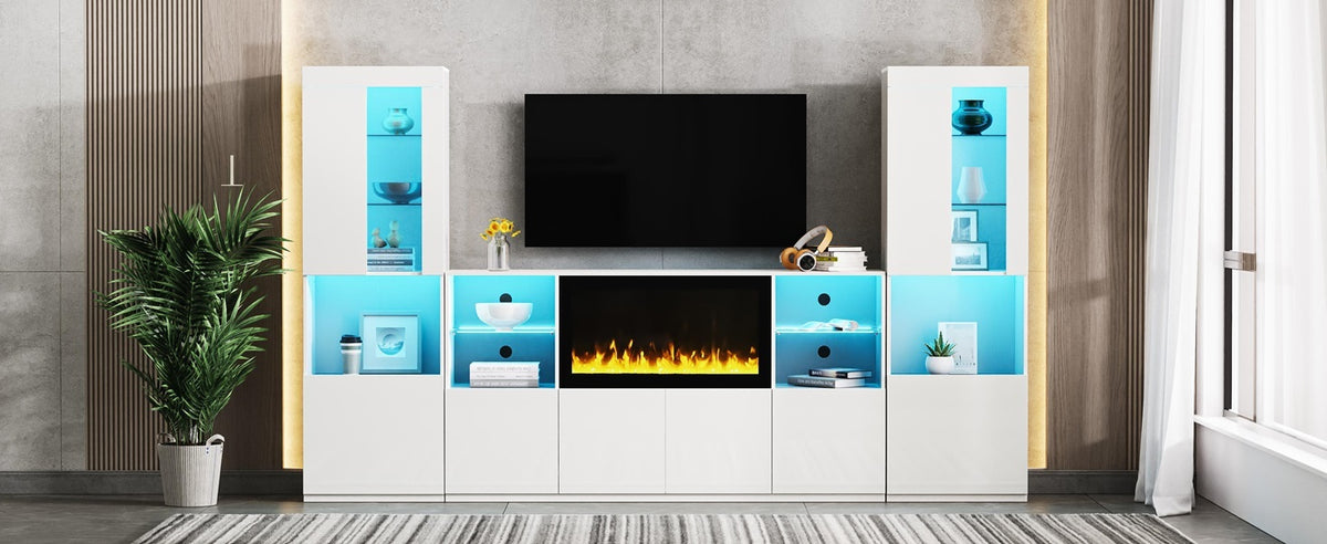Nøordka Light TV Stand Default White Mid Century Modern TV Stand with Electric Fireplace &amp; LED Lights for TVs Up to 75"