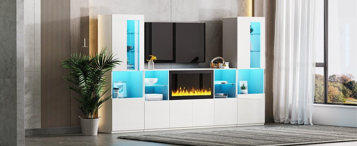 Nøordka Light TV Stand Default White Mid Century Modern TV Stand with Electric Fireplace &amp; LED Lights for TVs Up to 75"