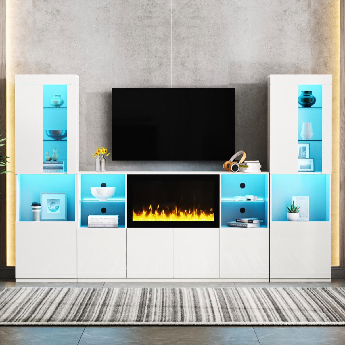 Nøordka Light TV Stand Default White Mid Century Modern TV Stand with Electric Fireplace &amp; LED Lights for TVs Up to 75"