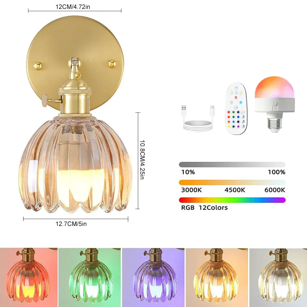 Nøordka Light Wall Light Fixtures Amber / Remote Control Retro Petal Glass Wall Lamp With Remote Control &amp; Rechargeable Bulb