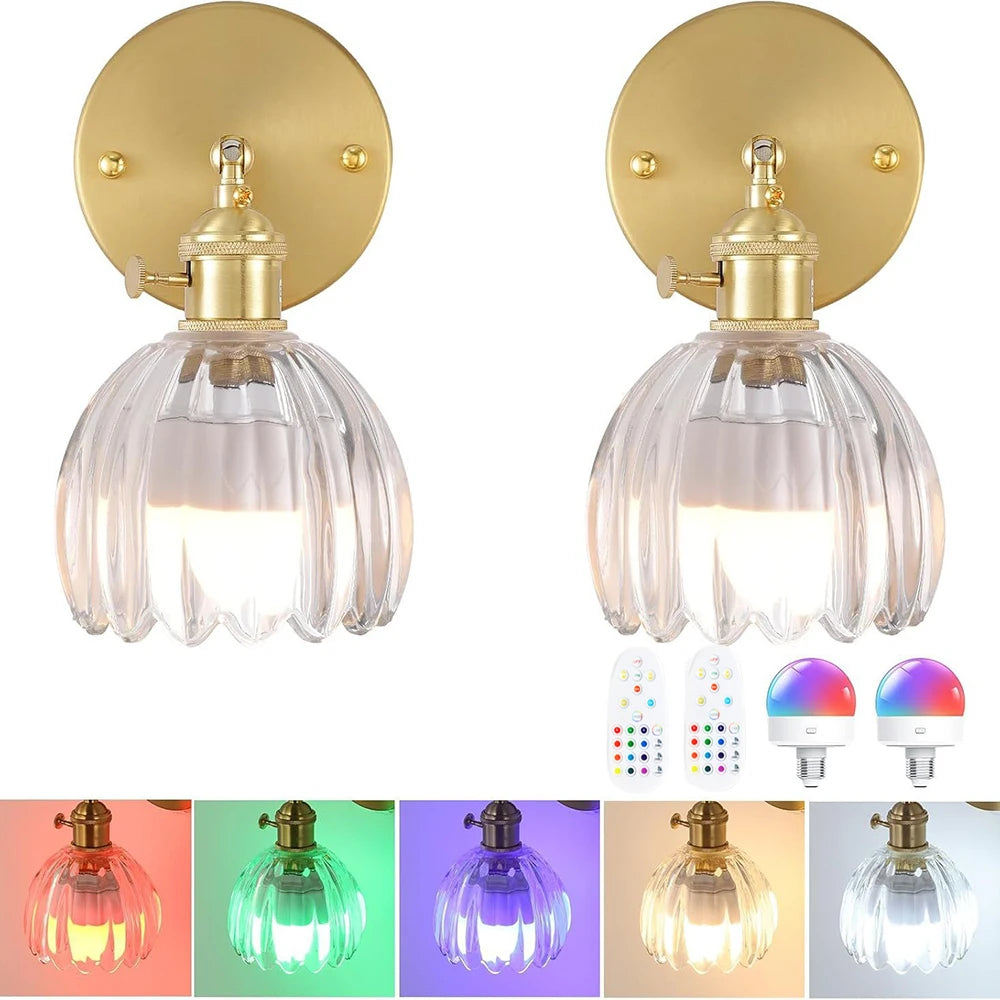 Nøordka Light Wall Light Fixtures Set of Two - Transparent / Remote Control Retro Petal Glass Wall Lamp With Remote Control &amp; Rechargeable Bulb
