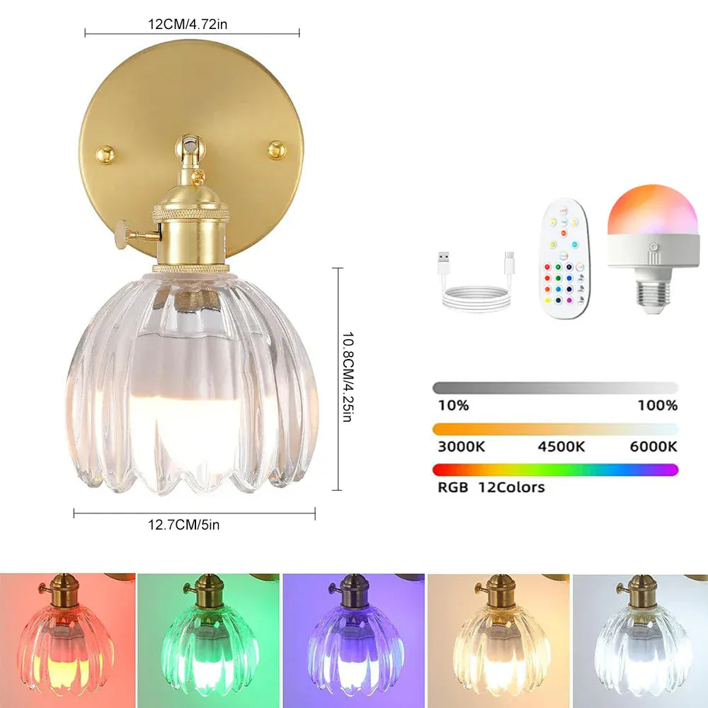 Nøordka Light Wall Light Fixtures Transparent / Remote Control Retro Petal Glass Wall Lamp With Remote Control & Rechargeable Bulb