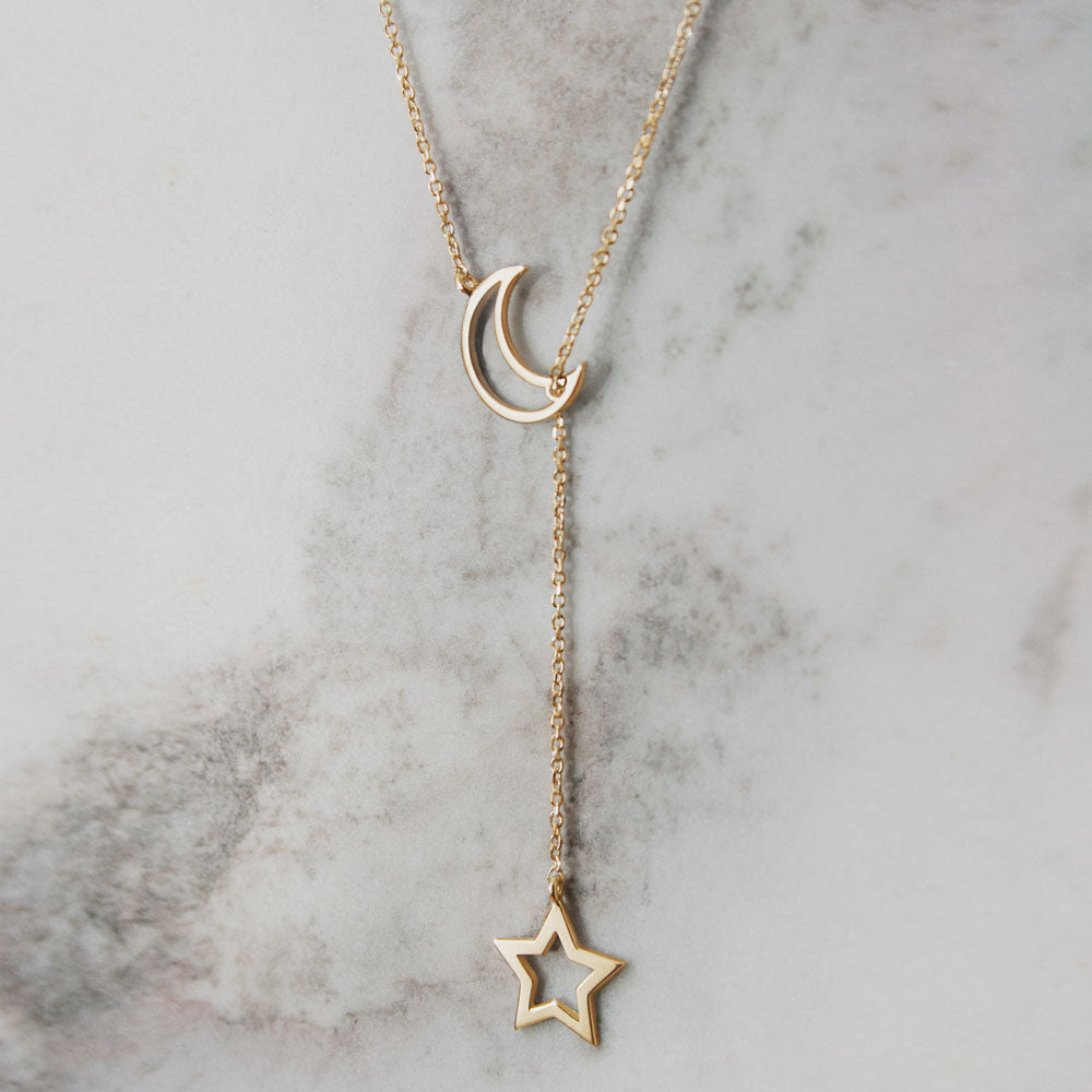 Moon and Star Lariat Style Necklace