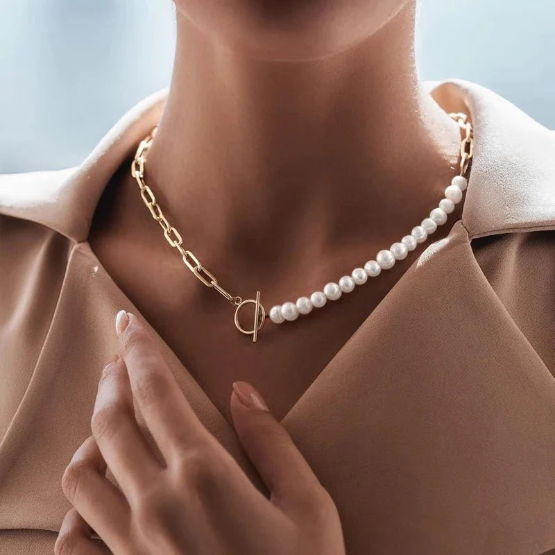 Paperclip chain pearl blended bracelet and necklace 742874