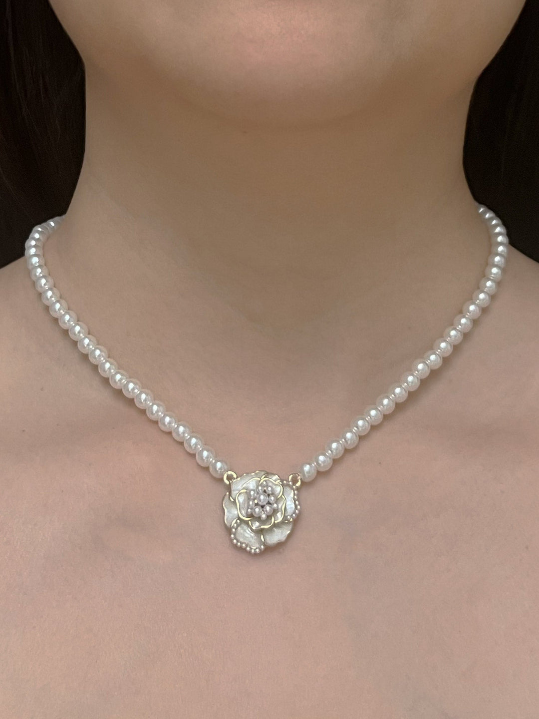 Pearl Choker with Rose Blossom Pendant