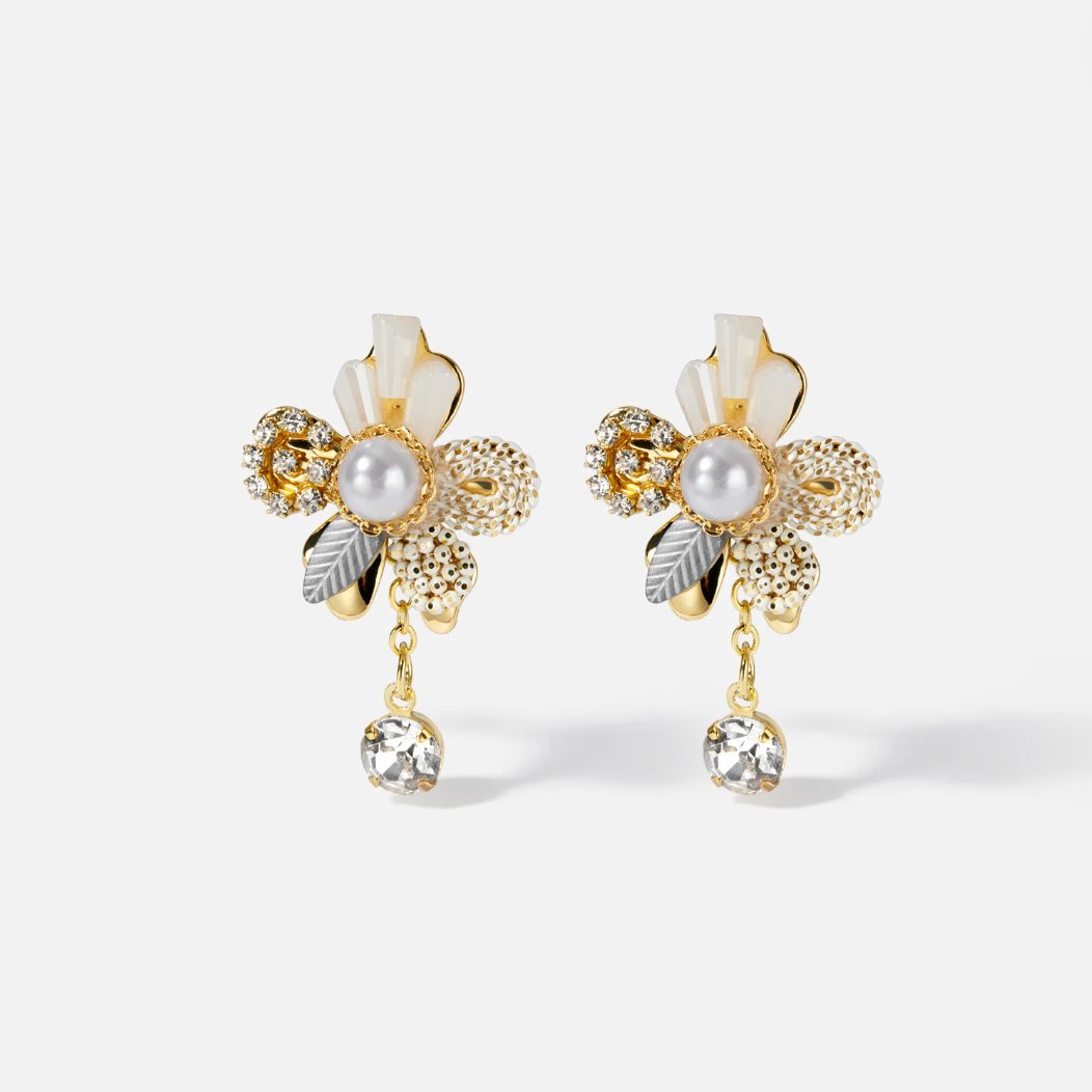 Pearl Flower and Crystal Tassel Earrings