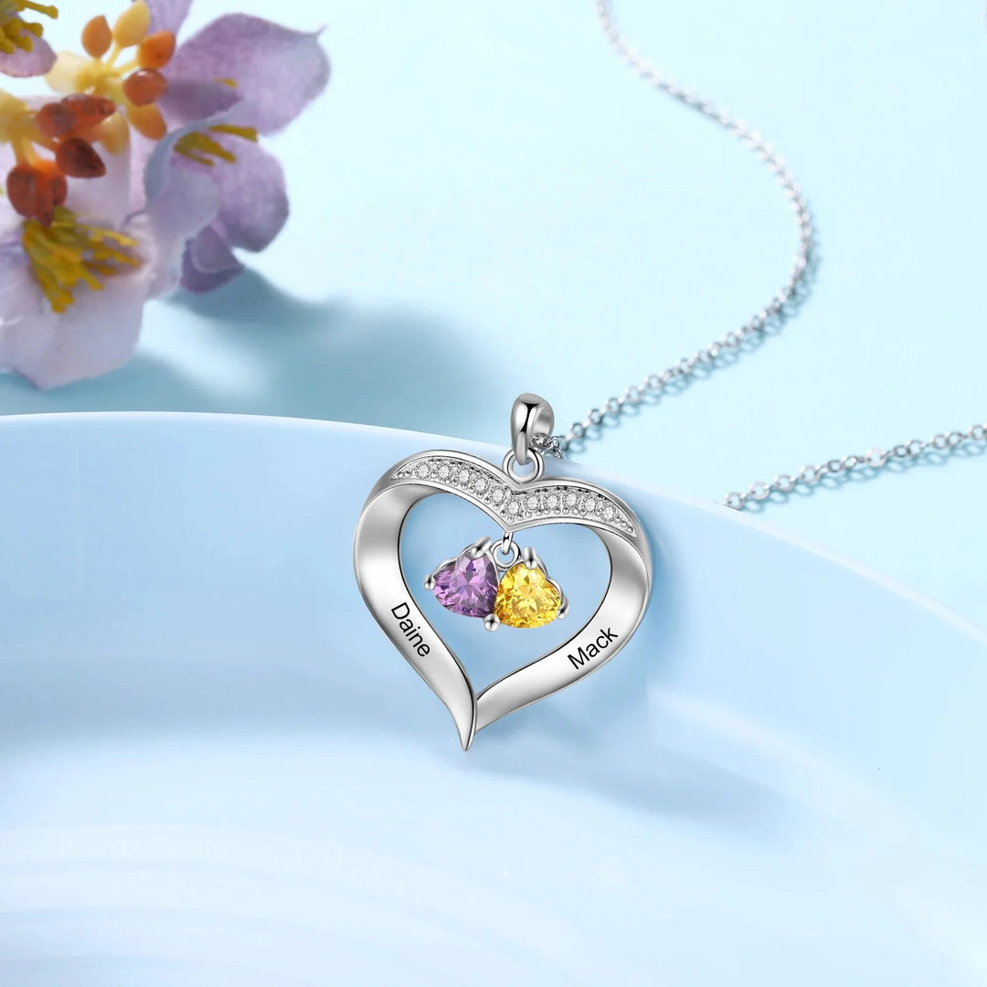 Personalized Names & Birthstones Heart Pendant Necklace
