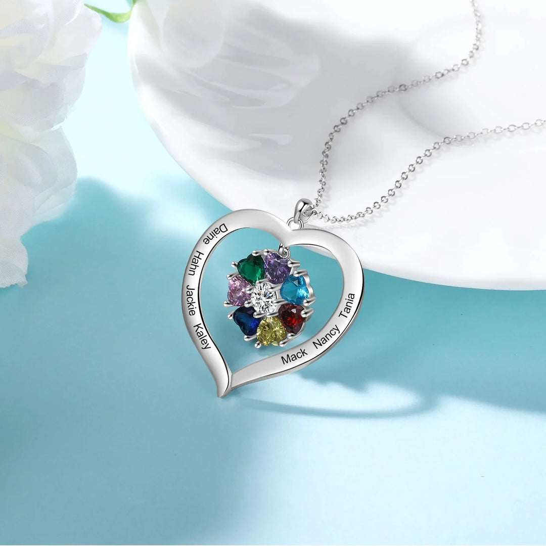 Personalized Names & Birthstones Heart Pendant Necklace