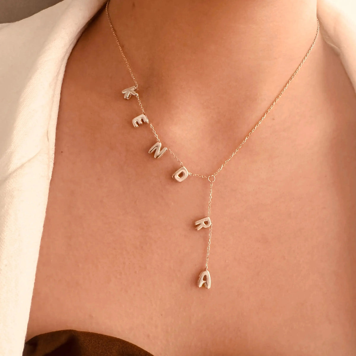 Dainty bubble lariat name necklace