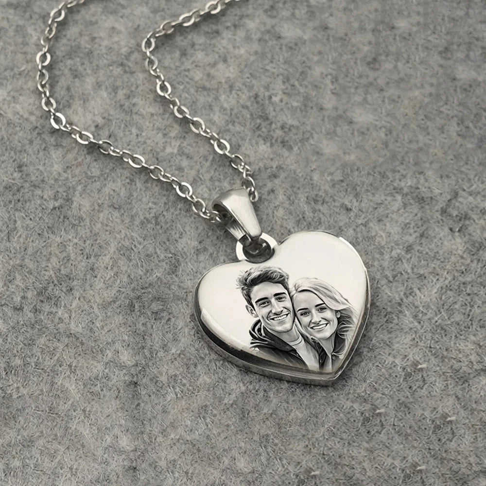 Custom Photo & Text Engraved Heart Necklace