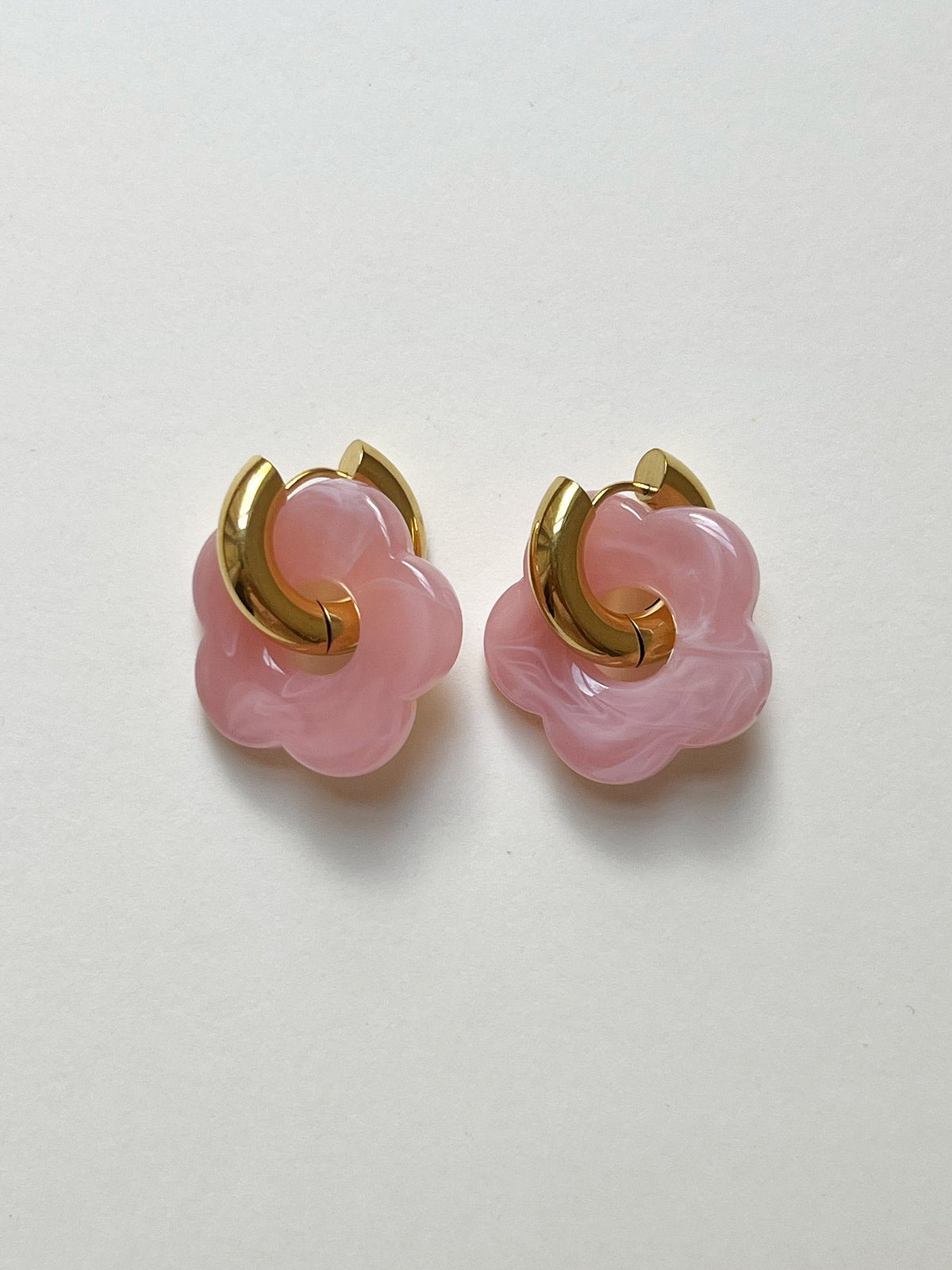 Flower charm pink donut hoop earrings