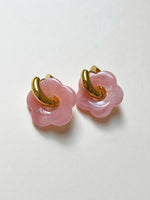 Load image into Gallery viewer, Flower Charm Pink Donut Hoop Earrings
