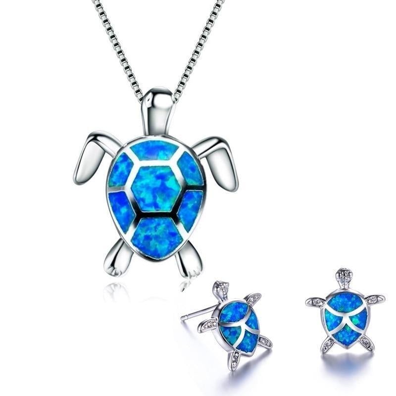 Bohemian Opal Sea Turtle Necklace and Earrings Set in Silver