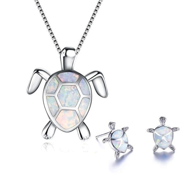 Bohemian Opal Sea Turtle Necklace and Earrings Set in Silver