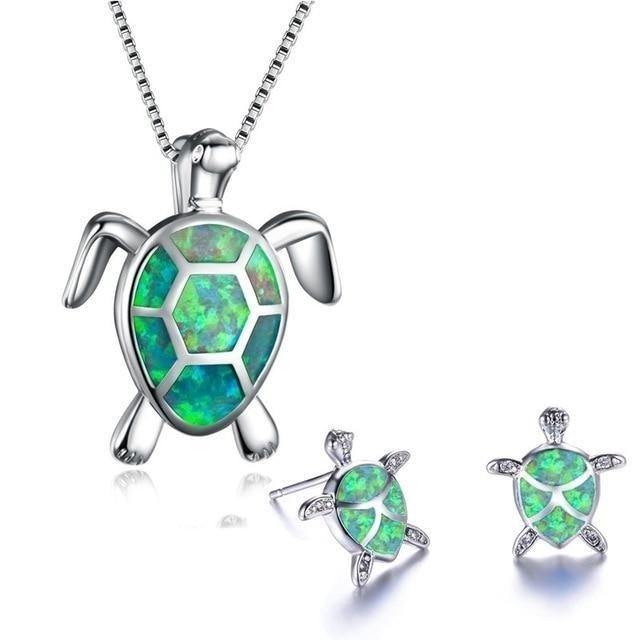 Bohemian Opal Sea Turtle Necklace and Earrings Set in Silver