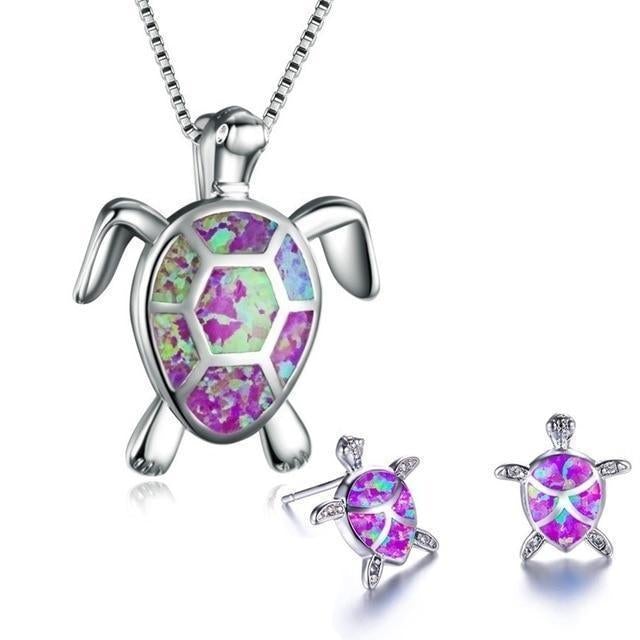 Bohemian Opal Sea Turtle Necklace and Earrings Set in Silver
